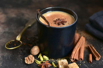Traditional indian spicy tea masala with milk.