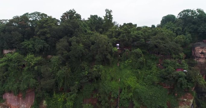 Aerial view of Leshan Giant buddha by the river the UNESCO World Heritage Site at Sichuan China.