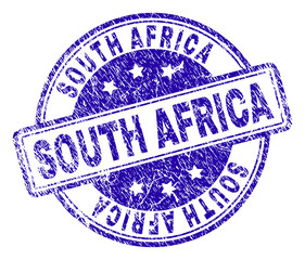 SOUTH AFRICA stamp seal imprint with grunge texture. Designed with rounded rectangles and circles. Blue vector rubber print of SOUTH AFRICA title with grunge texture.