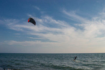 Kite surfers catch the waves on the windy Adriatic, Ulcinj, Montenegro.