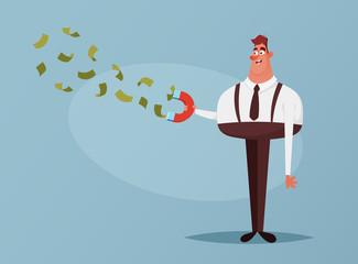 Funny Character. Happy Office Worker Megnetizing Money. Cartoon Style. Vector Illustration