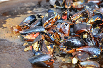 Close up of fresh mussels roasted on a grill pan. Seafood cooked outdoors. Selective focus