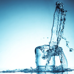 Pure drinking water with splashes in a round glass on a light green background