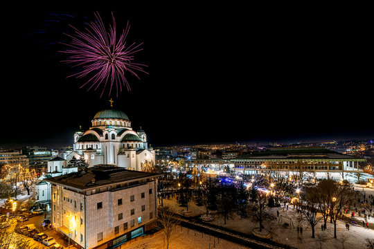 Belgrade, Serbia - January 14, 2019: Orthodox New years eve celebration with fireworks over the Church of Saint Sava at midnight in Belgrade, Serbia