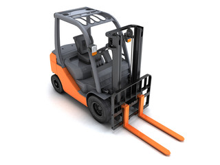 Perspective front view from above on the right side Idle forklift isolated on white background. 3d render.