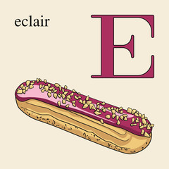 Letter E with eclair. Illustrated English alphabet with sweets.