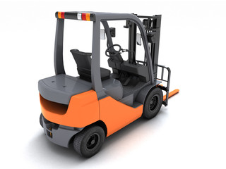 Rear perspective high angle view the right side Idle forklift isolated on white background. 3d render.