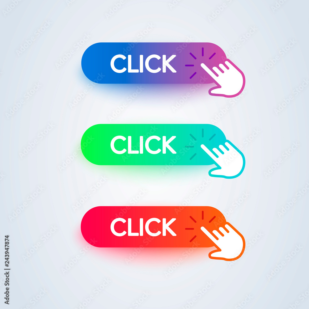 Poster Click here colorful button set with hand icon on white background. Flat line gradient button collection. Vector web element 