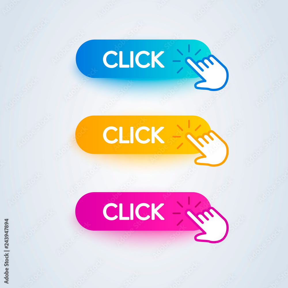 Poster click here colorful button set with hand icon on white background. flat line gradient button collect