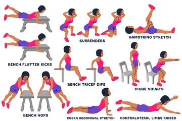 Bench flutter kicks. Surrenders. Hamstring stretch. Bench biceps dips. Chair squats. Bench hops. Cobra abdominal stretch. Contralateral limbs raises. Sport exersice.