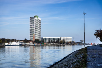 Lubeck-Travem&uuml;nde in autumn with views of the new apartments and hotel buildings seen from the priwal