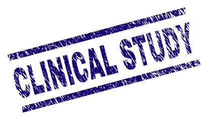 CLINICAL STUDY seal print with distress style. Blue vector rubber print of CLINICAL STUDY label with retro texture. Text tag is placed between parallel lines.