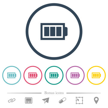 Full battery with three load units flat color icons in round outlines