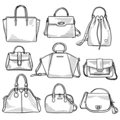 Set of 9 sketches of ladies' handbags. Fashion accessories. Hand drawn vector illustration. Isolated - obrazy, fototapety, plakaty