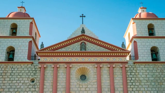 Timelapse of Tourists at Historic Church in Santa Barbra -Zoom Out-