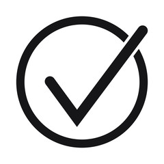 Tick icon vector symbol, checkmark isolated on white background, checked icon or correct choice sign, check mark or checkbox pictogram