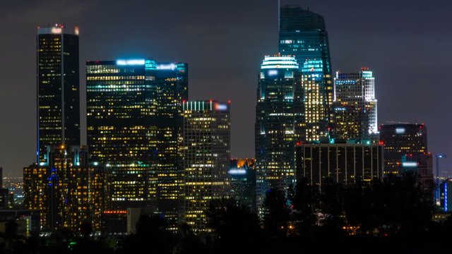 Timelapse of Citylights of downtown Los Angeles -Pan Right-