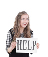 young business woman showing a sheet that says HELP