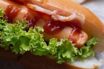 Close-up view of got dog with bacon