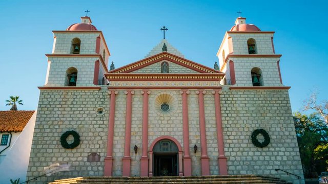 Timelapse of Tourists at Historic Church in Santa Barbra -Zoom In-