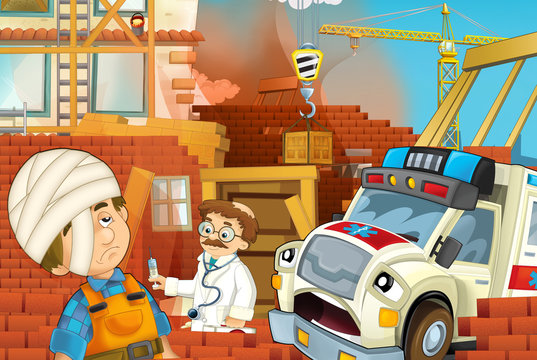 cartoon illustration with ambulance truck at work helping on accident with doctor on construction site - illustration for children
