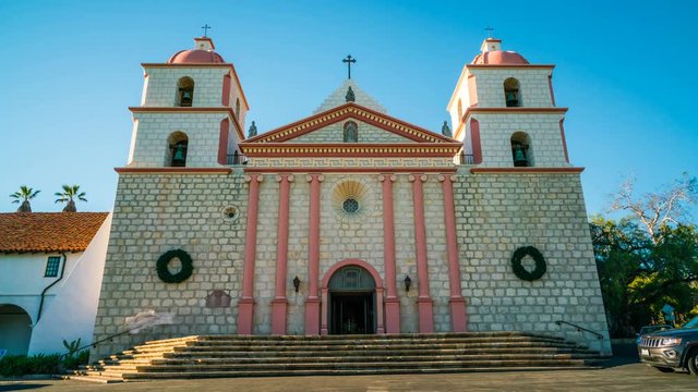Timelapse of Tourists at Historic Church in Santa Barbra 