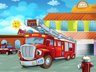 Fototapeta na wymiar cartoon firetruck driving out of fire station to action - different fireman vehicles - illustration for children