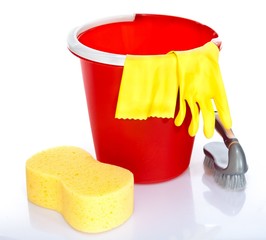 Bucket, Rubber Gloves, Brush and Sponges for Cleaning