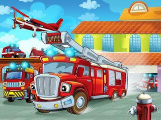 cartoon firetruck driving out of fire station to action - different fireman vehicles - illustration for children