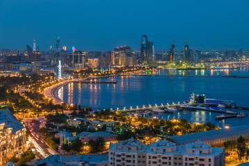 Night view of Baku downtown and bay