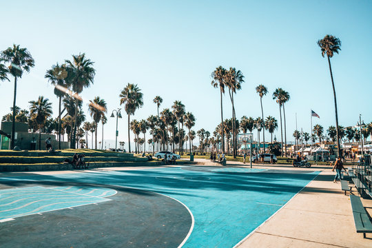 June 15, 2018. Los Angeles, USA. Basketball court at the Venice beach in Los Angeles. Beautiful summer spirit. Sport events by the ocean.