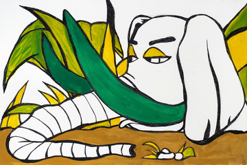Hand drawn illustration of elephant with green tusks lying on the ground amoung the plants. Surreal colorful illustration on white background