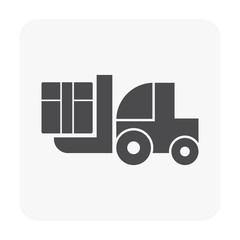 Forklift vector icon. May called fork truck or lift truck. Elevator machine equipment or vehicle for heavy industrial work at storage, port, warehouse and factory by lift up, raise and delivery cargo.