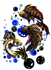 Fishes koi with bubbles of water, forming a single harmonious composition, made in the technique of engraving using watercolor