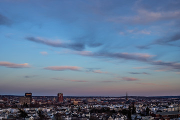 Sunset over the Manchester skyline, seen from Rock Rimmon Park
