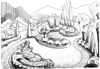 Fototapeta premium Garden in summer, black-white illustration in the staffing technique