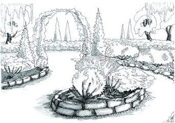 Naklejka premium Park in summer, black-white illustration in the staffing technique