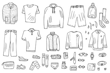 Men clothes and accessories set in doodle style.