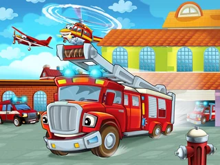 Foto op Canvas cartoon firetruck driving out of fire station to action - different fireman vehicles - illustration for children © honeyflavour