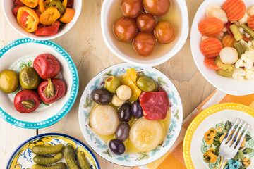 Variety of pickled vegetables.