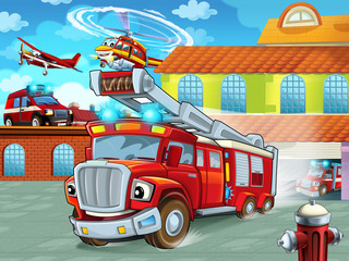 cartoon firetruck driving out of fire station to action - different fireman vehicles - illustration for children