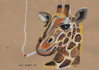 Smoking giraffe 2. Drawing and collage