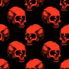 Seamless pattern with hand drawn skulls. Vector Illustration