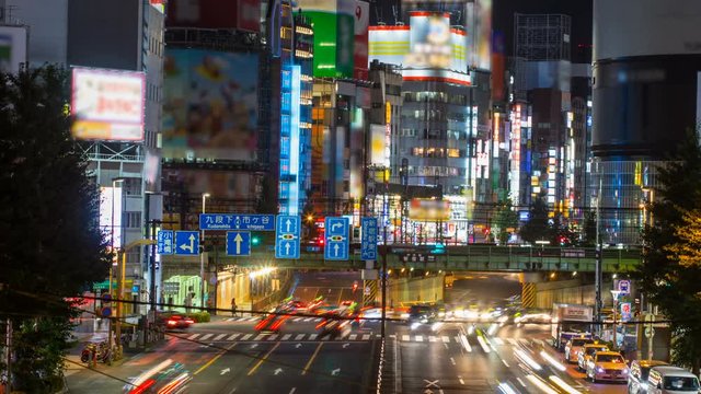 Timelapse of Busy Night Traffic in Downtown Shinjuku -Pan Right-