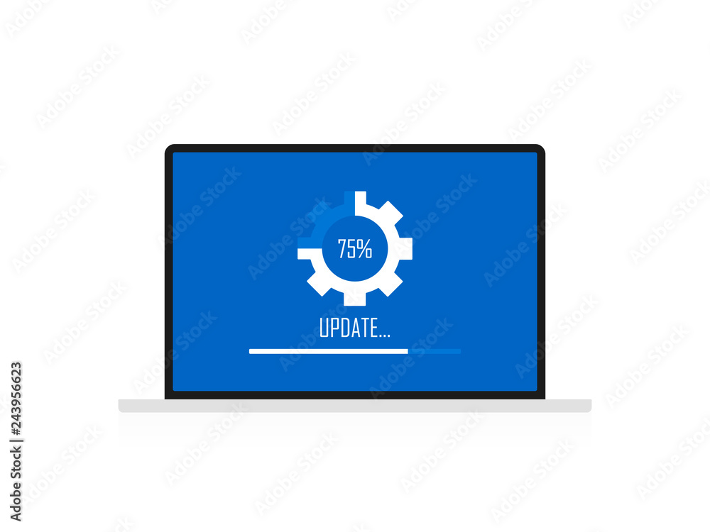 Poster system software update and upgrade concept. loading process in laptop screen. modern flat style vect