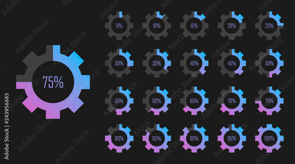 Poster set of circle percentage diagrams from 0 to 100 for web design. loading process. modern vector illus