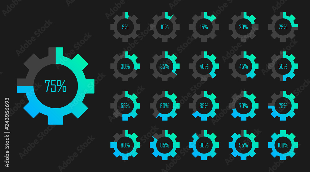 Poster set of circle percentage diagrams from 0 to 100 for web design. loading process. modern vector illus