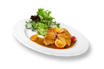 Grilled chicken breasts and vegetables