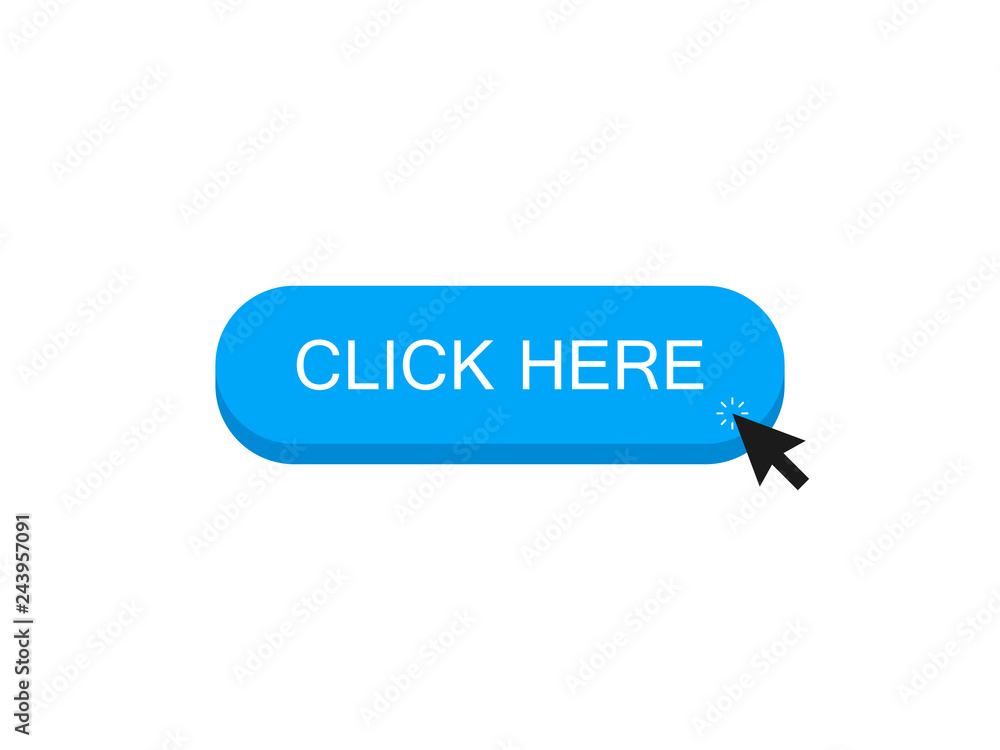 Poster click here button with mouse clicks on an object. modern vector illustration flat style