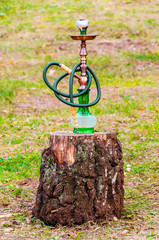 Green glass and copper metal hookah with twisted elastic hose standing on a tree stump. Hookah is a single or multi-stemmed instrument for vaporizing and smoking flavored tobacco